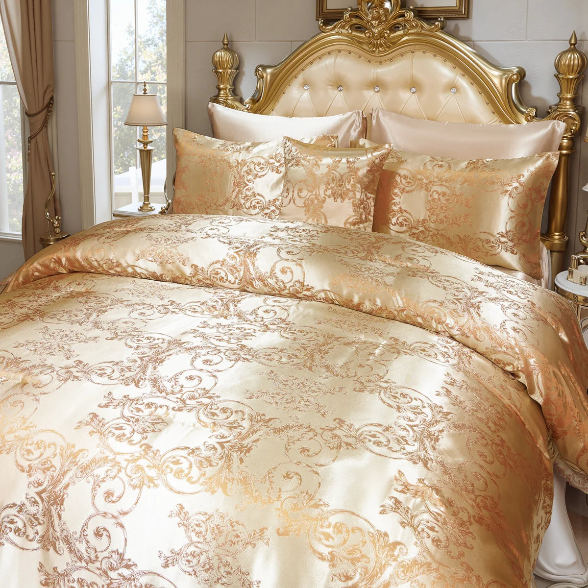 Jacquard Comforter Set King Gold Bedding with Taupe Satin Sheet