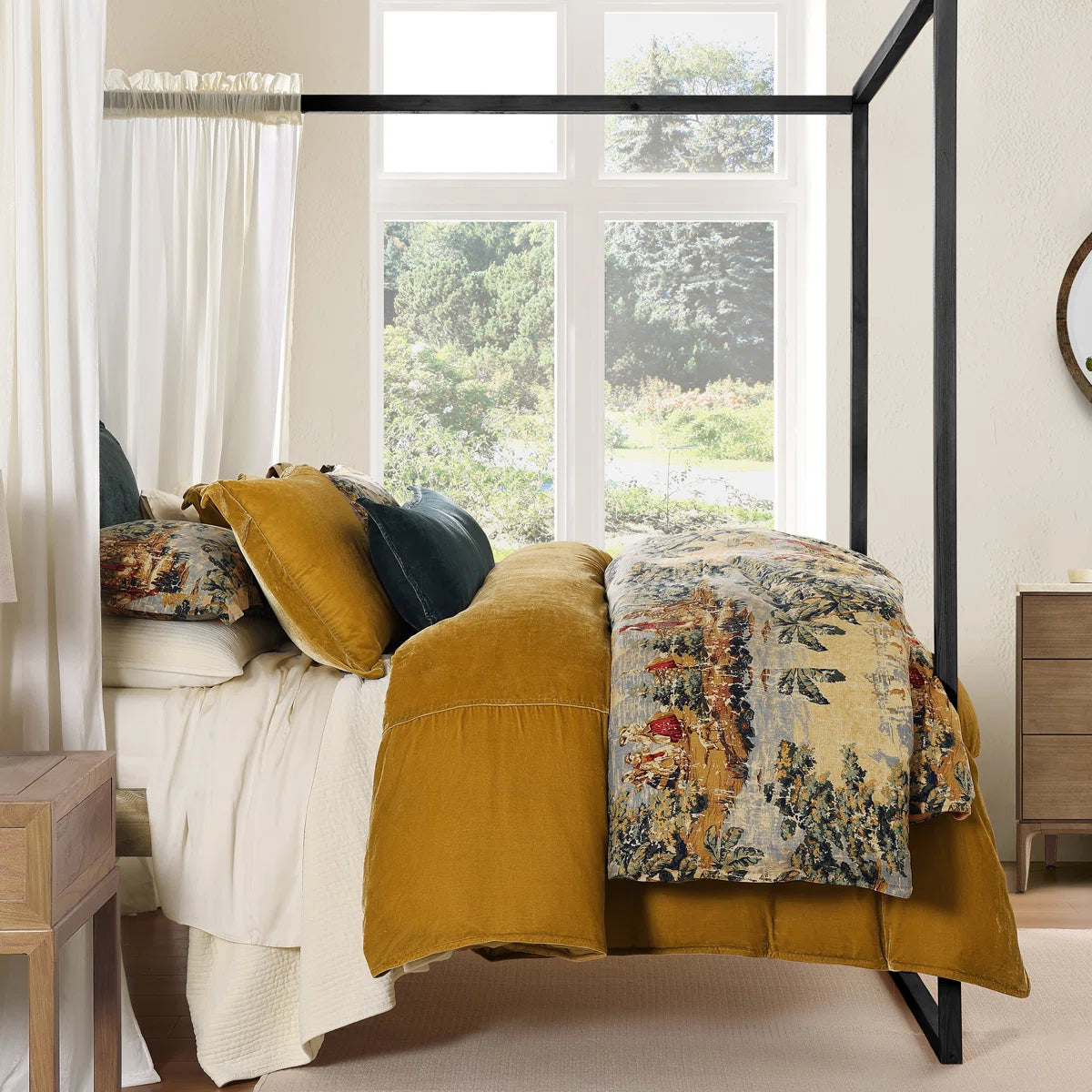 Provence Washed Linen Gold Yellow Victorian Print Shabby Elegance Comforter Set with Pillow Shams