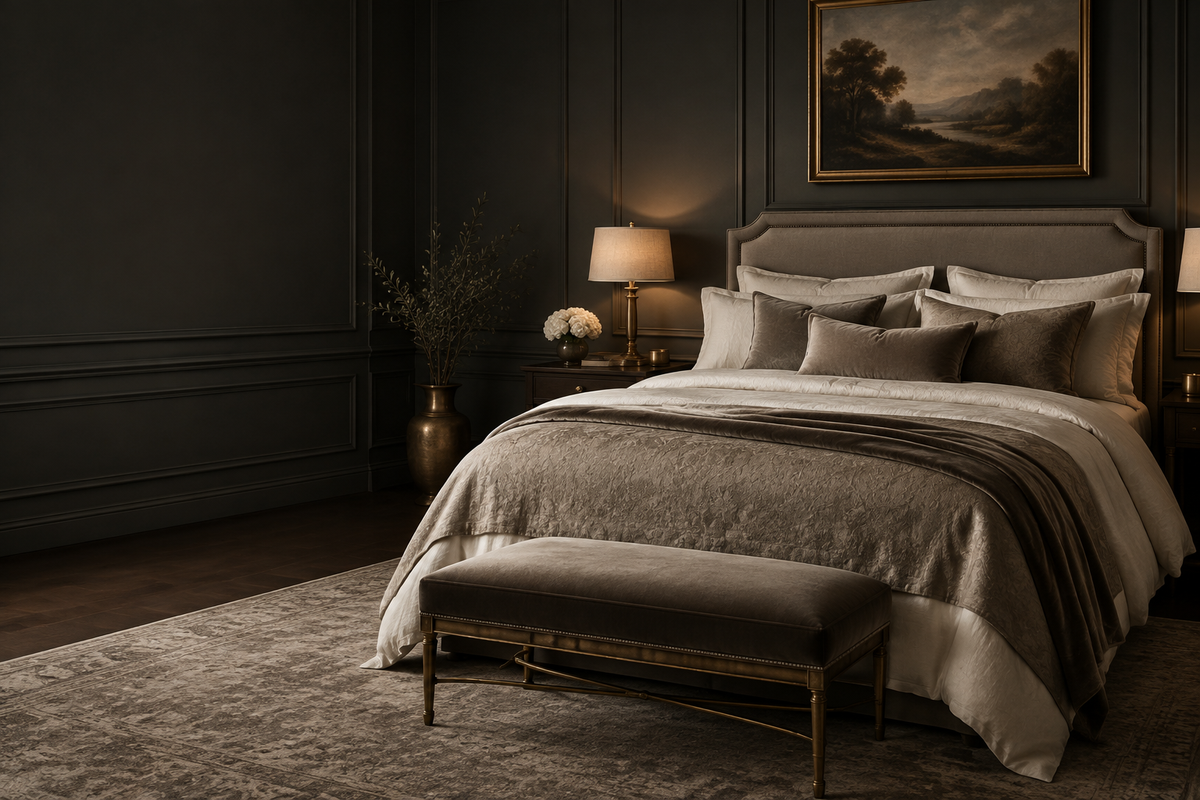 Dark luxury bedroom hero concept for Kishol Lov Sleep Store