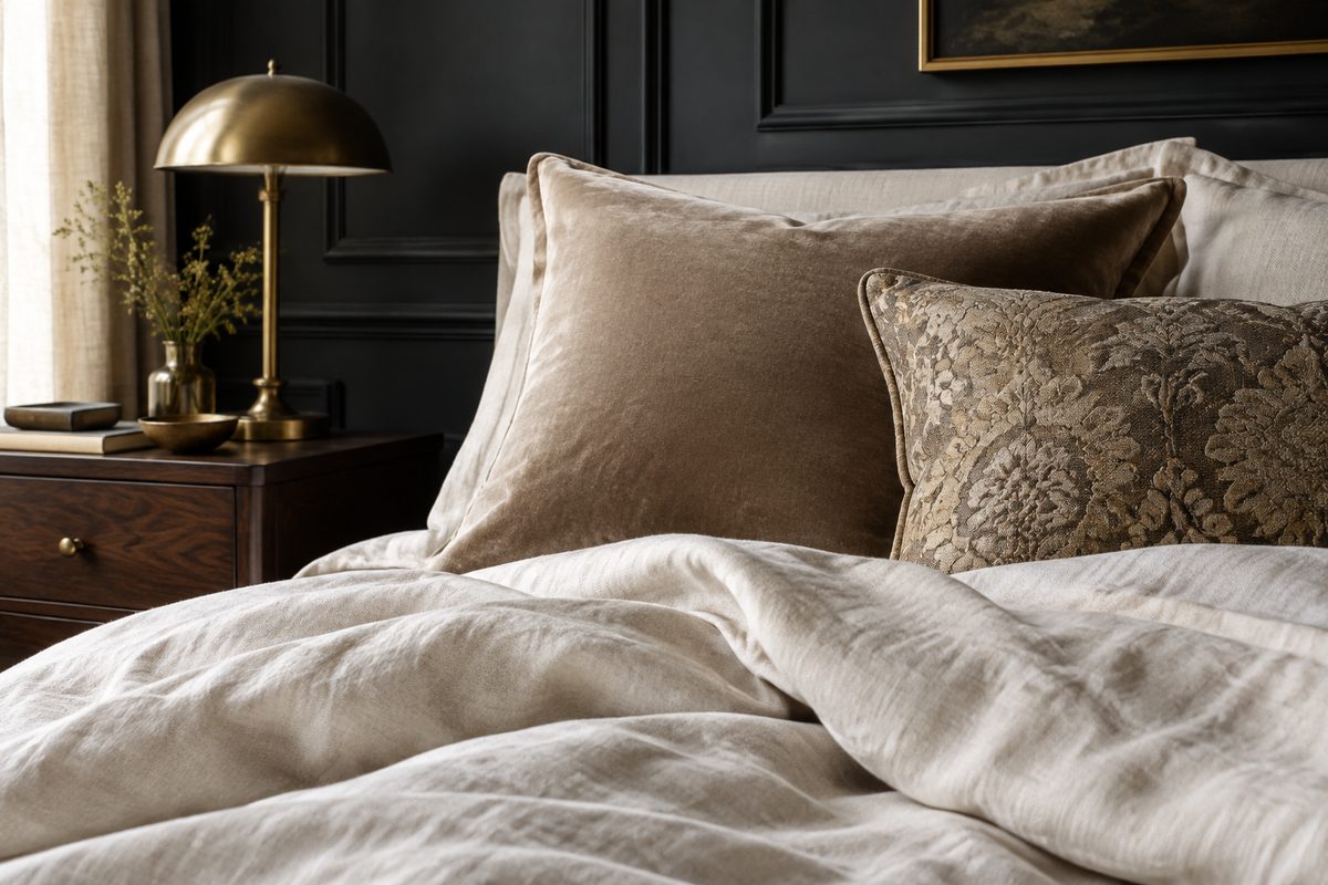 Luxury bedding texture and bedside vignette